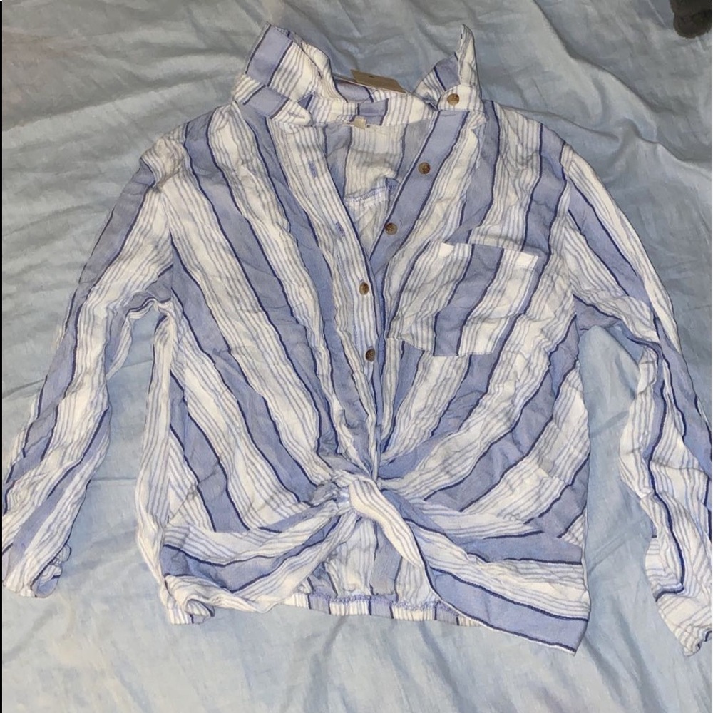 Blue and white striped collared blouse